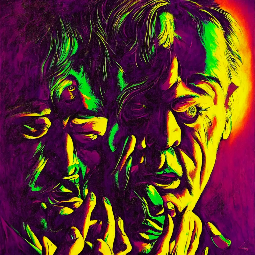 Image similar to psychedelic bright portrait of bill hicks smoking in the style of hans giger, alex grey, lynchian atmosphere, film noir, concept art, art by kuvshinov ilya and zdislav beksinski and wayne barlowe, vivid colors, yellow, purple, red, black, blue, green, orange, pink