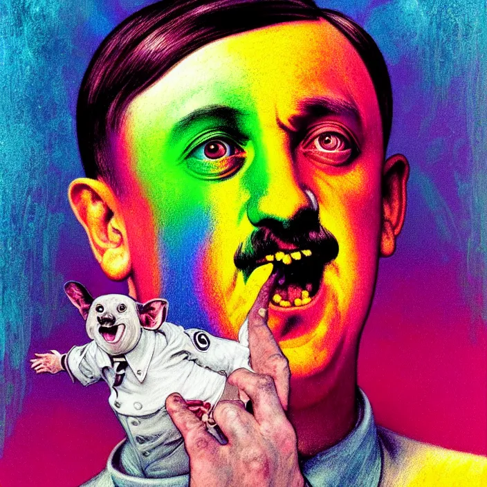 Image similar to bright psychedelic portrait of cute adolf hitler having fun at a pool party, diffuse lighting, fantasy, intricate, elegant, highly detailed, lifelike, photorealistic, digital painting, artstation, illustration, concept art, smooth, sharp focus, art by John Collier and Albert Aublet and Krenz Cushart and Artem Demura and Alphonse Mucha