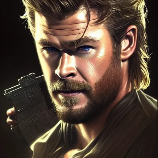 Image similar to Chris Hemsworth as Solid Snake, western, D&D, fantasy, intricate, elegant, highly detailed, digital painting, artstation, concept art, matte, sharp focus, illustration, art by Artgerm and Greg Rutkowski and Alphonse Mucha