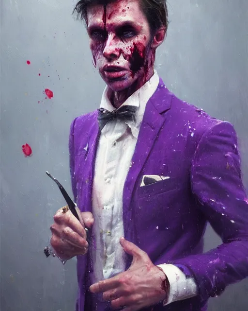 Image similar to A hyper realistic oil painting of a man in his twenties dressed in a purple suit, full height, clean shaven, insane looking face, messy hair, covered in blood, by Greg Rutkowski, trending on artstation, 4k, creepy lighting