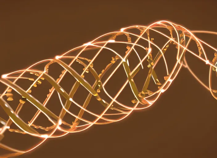 Prompt: a 3D render of a strand of DNA, glowing, bokeh, Canon 50mm, cinematic lighting, volumetric light, octane, octane render, redshift render