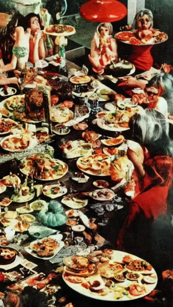 Image similar to occult satanic food ritual, 1 9 6 0 s food magazine photo, kodachrome