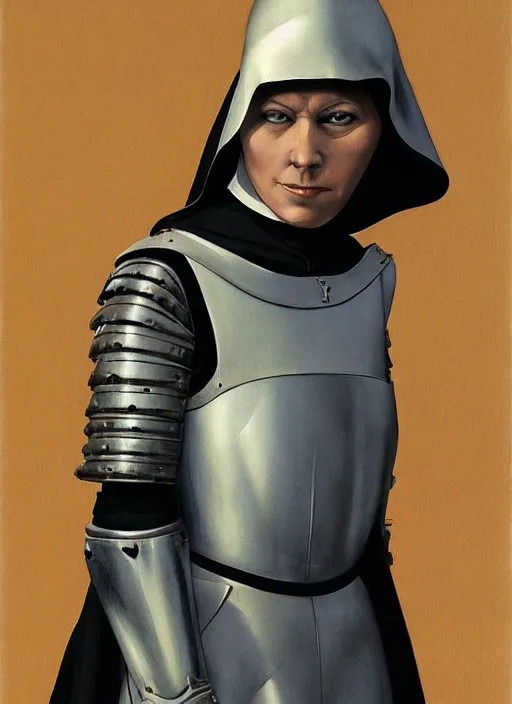 Prompt: a nun wearing a medieval armor. intricate detail armor. nun clothes. art by ralph mcquarrie, ralph mcquarrie artwork. portrait.