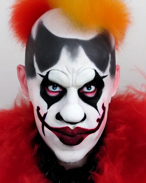 Image similar to a calico critterwith icp juggalo clown make up