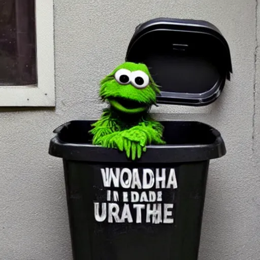 Prompt: oscar the grouch hiding in his trash can in a dark alley, holding a bloody knife in his hand and with a shocked look on his face, night time, dramatic