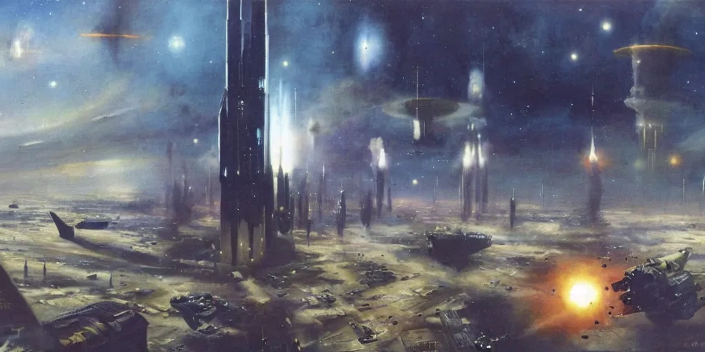 Image similar to a painting of low earth orbit space city under war by john harris.