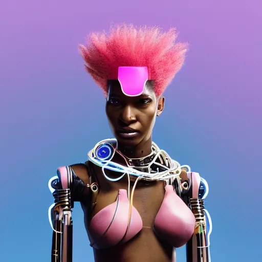 Image similar to portrait of a beautiful caribbean woman with pink hair as a cyberpunk cyborg half robot, revealing wires and electronics, circuit boards, wire management, sci - fi, missing panels, intricate abstract upper body intricate artwork, concept art, octane render, deviantart, cinematic, key art, hyperrealism, iridescent accents, portrait photograph, nikon 3 5 mm, photograph by greg rutkowski