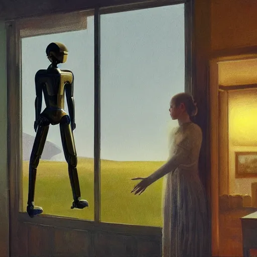 Prompt: Elle Fanning in the painted world of iRobot, head and shoulders masterpiece, apocalypse, golden hour, cosmic horror, artstation, in the style of Andrew Wyeth and Edward Hopper and Bosch, extremely detailed