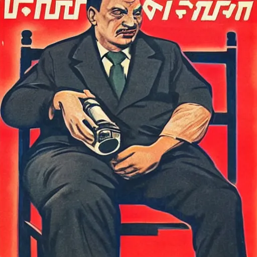 Prompt: viktor orban sitting in the lap of stalin, soviet propaganda poster art from 1 9 5 0