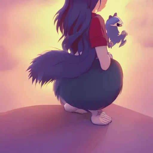 Prompt: a wholesome animation key shot of a girl with long dark blue hair and a raccoon tail, medium shot, studio ghibli, pixar and disney animation, sharp, rendered in unreal engine 5, anime key art by greg rutkowski, bloom, dramatic lighting, trending on artstation