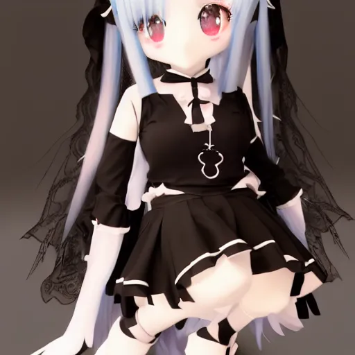 Image similar to cute fumo plush of a gothic maiden in a black on black uniform, laces and ribbons, soft shadow, anime girl, vray, symmetry, white frame