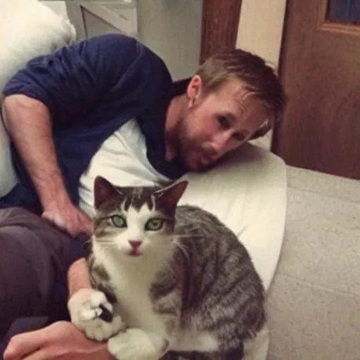 Image similar to ryan gosling getting mugged by a cat