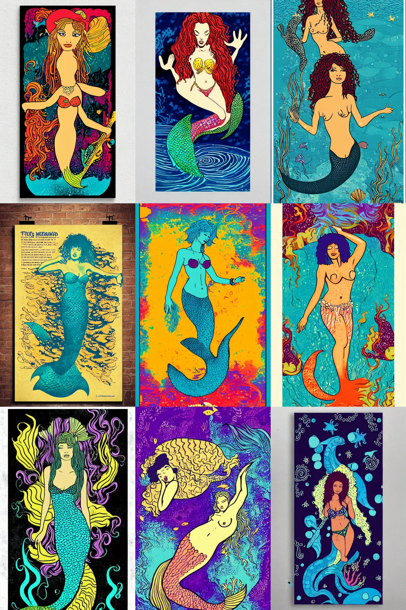 Image similar to illustration of a mermaid under the sea, jimi hendrix style poster