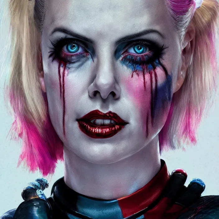 Image similar to portrait of Charlize Theron as a harley quinn in Suicide Squad. intricate abstract. intricate artwork. by Tooth Wu, wlop, beeple, dan mumford. octane render, trending on artstation, greg rutkowski very coherent symmetrical artwork. cinematic, hyper realism, high detail, octane render, 8k, iridescent accents