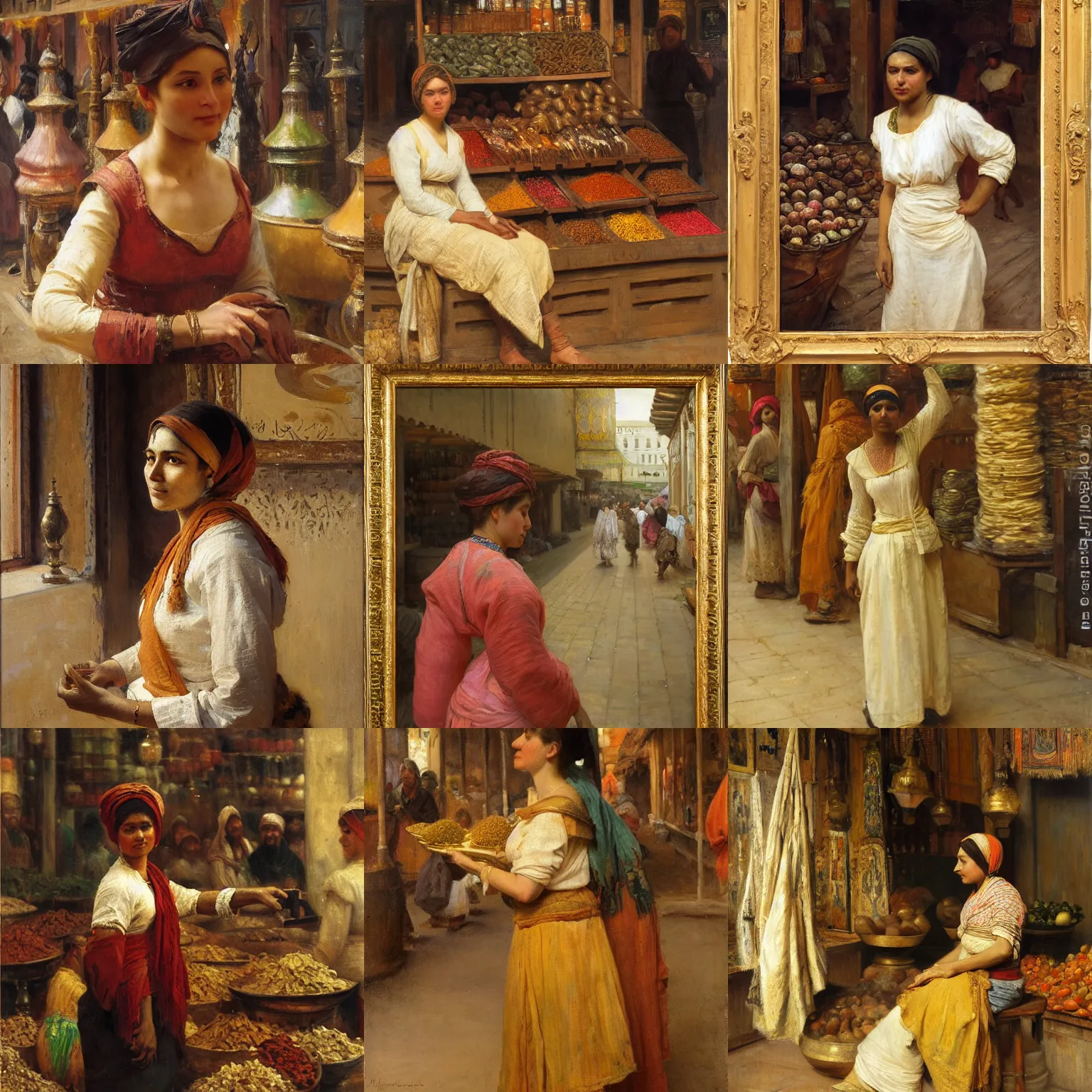 Prompt: young woman standing in a spice market by theodore ralli and nasreddine dinet and anders zorn and nikolay makovsky and edwin longsden long, oil on canvas, masterful intricate artwork, excellent lighting, high detail 8 k