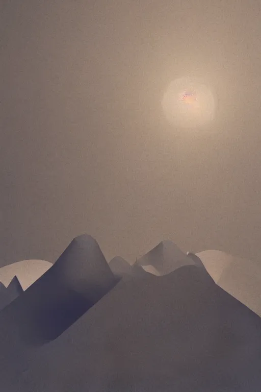 Prompt: geometric 3 d render, realistic nature, dark color palate, mountains with a crescent moon stars, 8 k