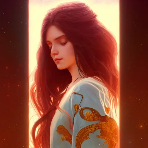 Image similar to girl with super long hair, hair becoming bright stars, intricate, highly detailed, digital painting, artstation, concept art, smooth, sharp focus, illustration, unreal engine 5, 8 k, art by artgerm and greg rutkowski and alphonse mucha