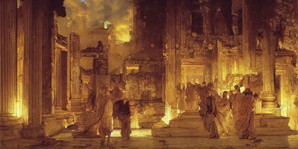Image similar to ancient rome on fire at night by lawrence alma - tadema,
