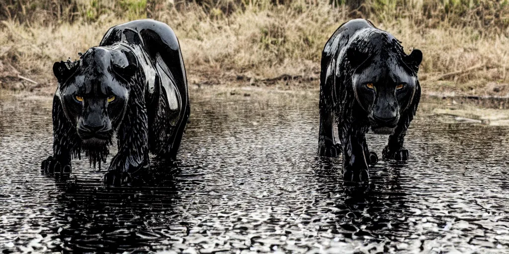 Image similar to the black lioness made of ferrofluid, dripping tar, drooling ferrofluid, crawling out of the air vent. dslr, photography, animal photography, goo, reflections, sticky, melting