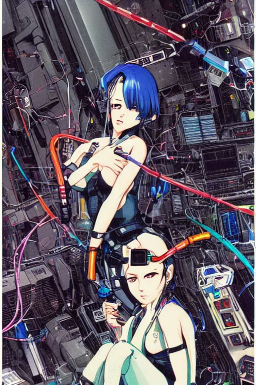 Image similar to awe inspiring cyberpunk anime style illustration of a. female android seated on the floor in a tech labor, seen from the side with her back open showing a cables and wires coming out, by masamune shirow and katsuhiro otomo, japan, 1980s, dark, colorful