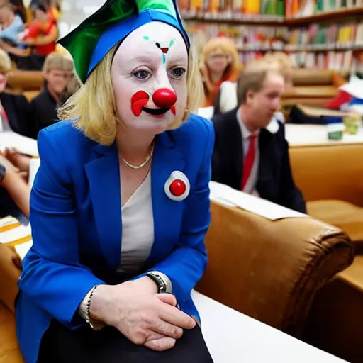 Prompt: conservative mp liz truss sitting in a chair and looking sad and wearing a clown costume, editorial photograph