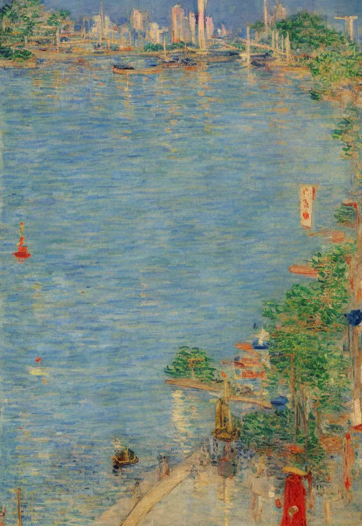 Image similar to a beautiful japanese city near the sea, visible pipe, cable, 1 0 % cyberpunk, year 1 9 2 0, oil painting in impressionist style, by monet, by berthe morisot, multiple brush strokes, inspired by ghibli and makoto shinkai, masterpiece
