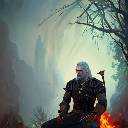 Prompt: geralt the witcher 3 sitting in the burning smoking fire at night beautiful warmth hot d & d fantasy intricate elegant highly detailed digital painting artstation concept art matte sharp focus illustration hearthstone art by artgerm art by greg rutkowski art by alphonse mucha