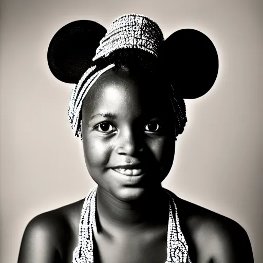 Prompt: portrait photograpy of an african disney princess by dianne arbus, monochrome, low shot, f 1. 4, ultra - detailed, 8 k