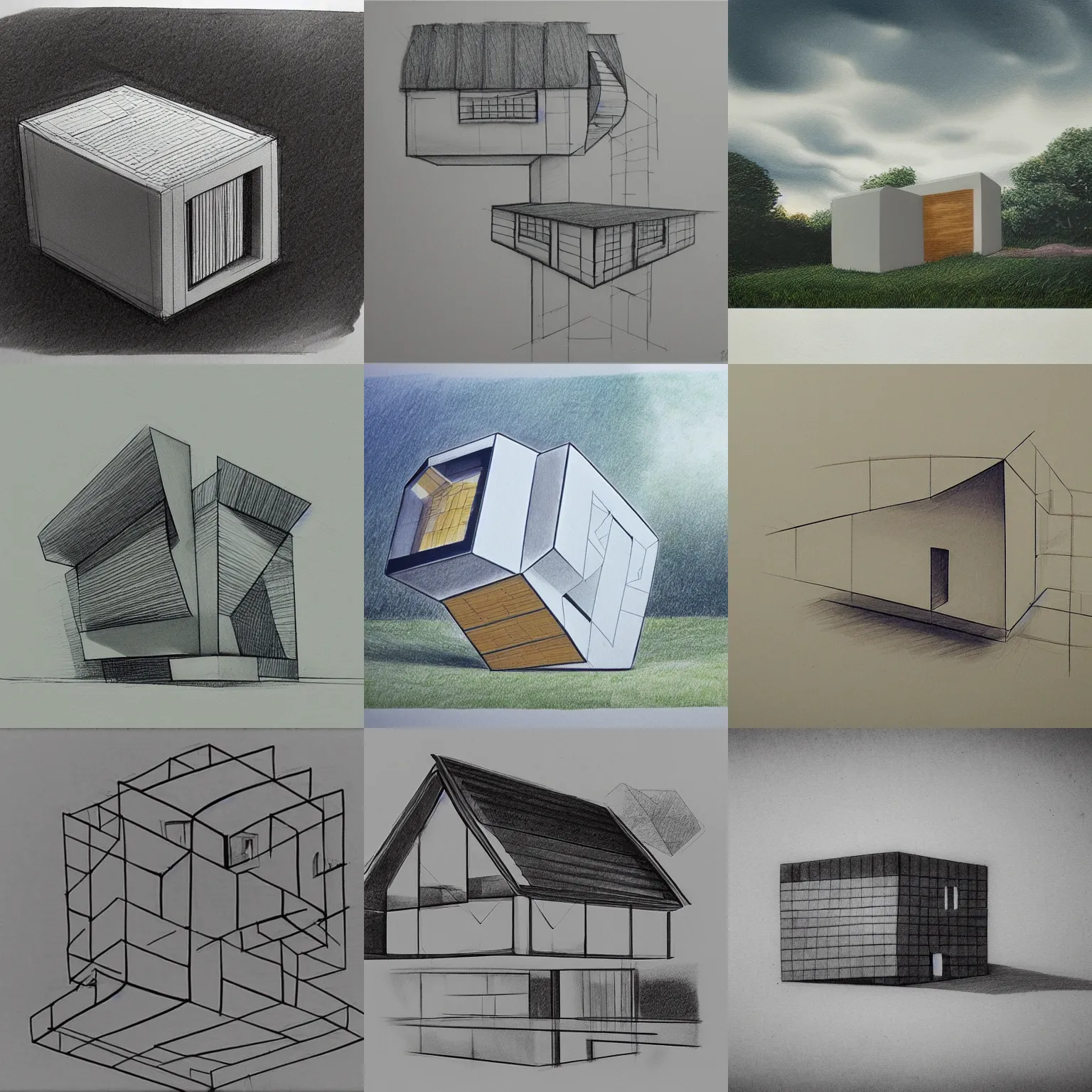 Prompt: architectural concept drawing of a house shaped like a cube by bugs zhou