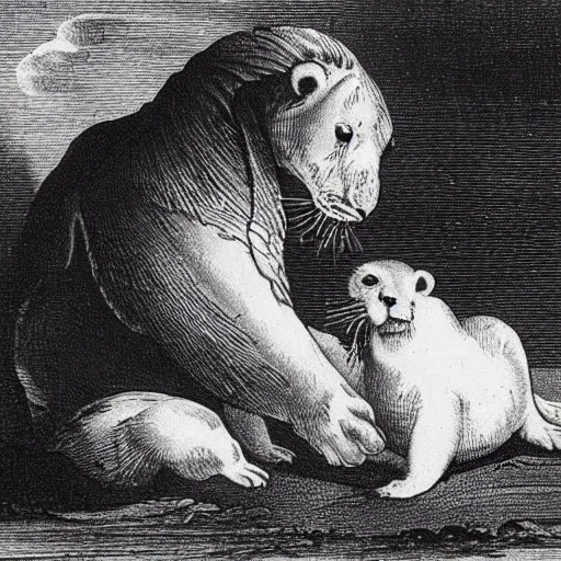 Image similar to “a large baby harp seal eating a lion, engraving from 1750s”