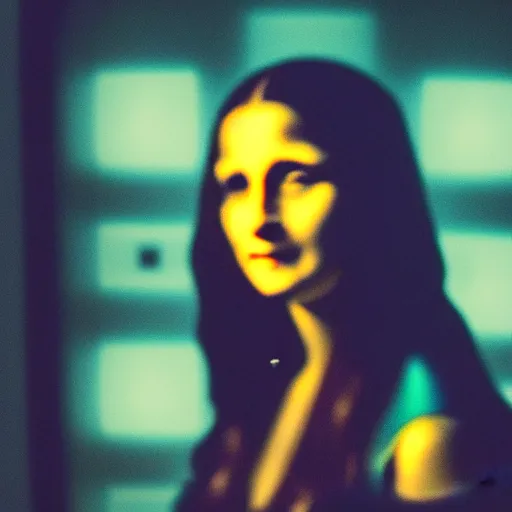 Image similar to cinematic movie still of cybernetic character named Mona Lisa in Neuromancer, futuristic eye implant, cyberpunk, XF IQ4, 150MP, 50mm, F1.4, ISO 200, 1/160s, twilight in the city