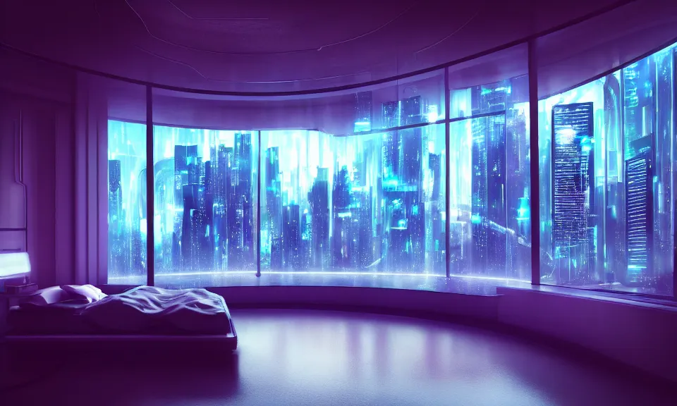 Image similar to a futuristic bedroom with large curved ceiling high windows looking out to a far future cyberpunk cityscape, cyberpunk neon lights, raining, scifi