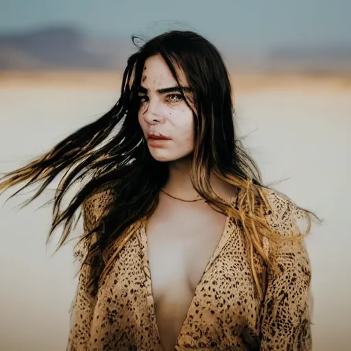 Prompt: a close - up portrait of a beautiful young woman with freckles, long dark eyelashes and amber eyes looking at the camera, liquid gold is running across her face. desert ambiance, dusty sky, professional photography