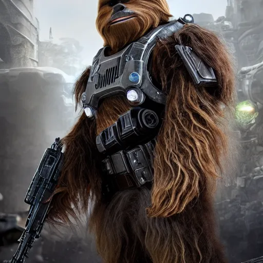 Prompt: chewbacca in gears of war gears of war, splash art, movie still, detailed face, photorealistic facial features, cinematic lighting, dramatic, octane render, long lens, shallow depth of field, bokeh, anamorphic lens flare, 8 k, hyper detailed, 3 5 mm film grain