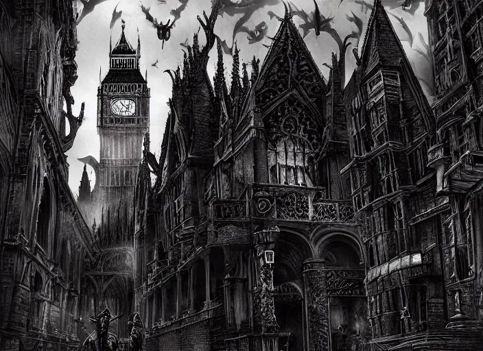 Image similar to vampires attacking london, gothic, horror, realistic, intricate, detailed, scary, beautiful, trending on artstation, masterpiece