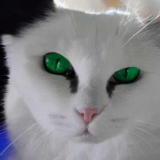 Prompt: fluffy white cate with green and blue eyes wearing a suit and tie