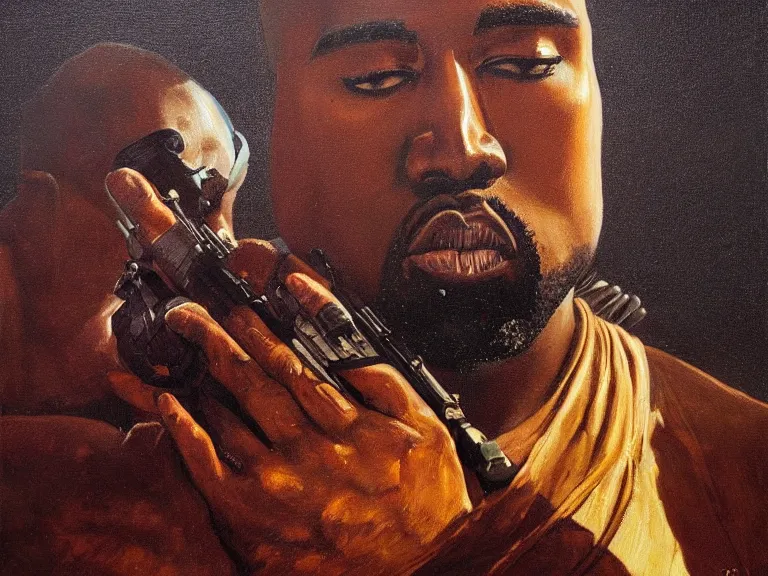 Image similar to a detailed profile oil painting of kanye west holding a gun, aurora lighting clouds and stars by beksinski carl spitzweg and tuomas korpi. intricate artwork by caravaggio. Trending on artstation. 8k