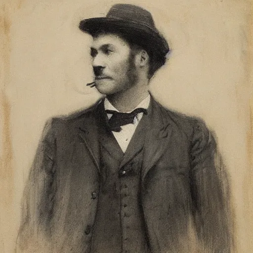 Image similar to portrait of an action hero, suit, tie, smile, by alfred stevens in charcoal