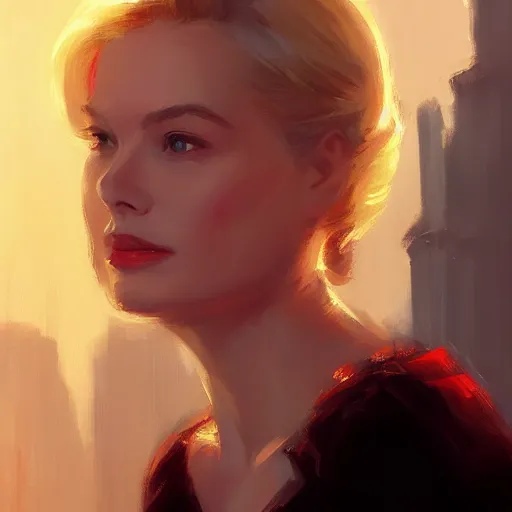 Prompt: a closeup portrait of a grace kelly, dramatic light, city background, sunset, dark, painted by stanley lau, painted by greg rutkowski, painted by stanley artgerm, digital art, trending on artstation