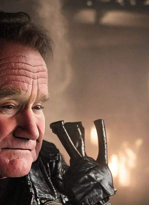 Prompt: promotional image of robin williams as a heavy metal singer, rugged black clothes, detailed face, movie still frame, promotional image, imax 70 mm footage