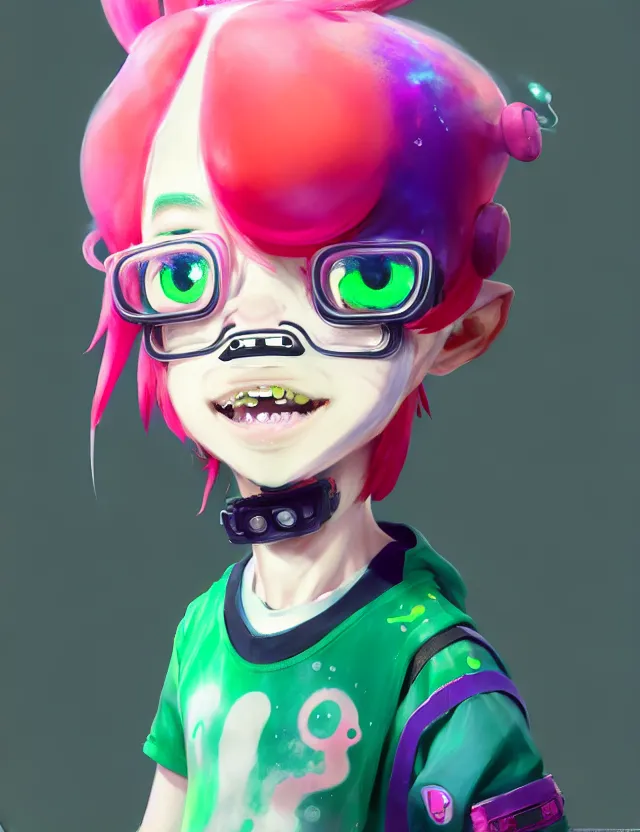 Image similar to a beautiful fullbody portrait of a cute splatoon anime boy with pink hair and green eyes wearing sports clothing leggings. character design by cory loftis, fenghua zhong, ryohei hase, ismail inceoglu and ruan jia. artstation, volumetric light, detailed, photorealistic, fantasy, rendered in octane