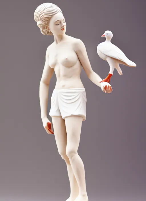 Image similar to still wooden figurine of young woman dressed wearing white shorts, holding white pigeon, personification, dynamic pose, detailed product photo, 8 k, 8 5 mm, f. 1 4, beautiful composition