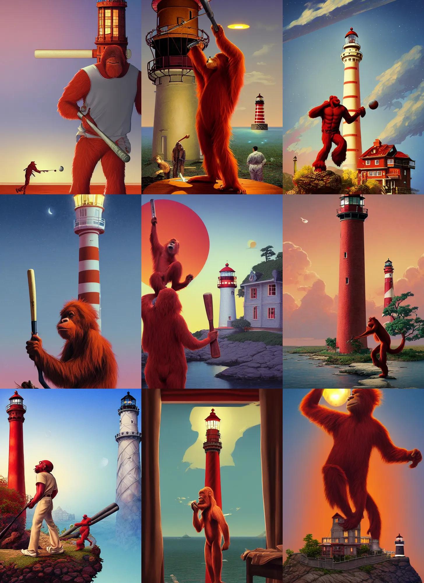 Prompt: rendering of red orangutan holding baseball bat as lighthouse, white tablecloth, glass tableware, travel poster artwork by michael whelan and tomer hanuka, high contrast, full of details, by makoto shinkai and thomas kinkade, matte painting, trending on artstation and unreal engine