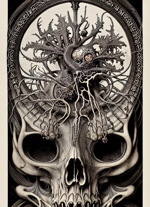 Image similar to art forms of nature by ernst haeckel, memento mori by arthur rackham, ornate antique porcelain beautiful skull mask, ultrasharp, photorealistic, hyperdetailed, octane render, polished, art nouveau, neo - gothic, gothic, intricate ornamental organic filigree, art nouveau botanicals, art forms of nature by ernst haeckel, horizontal symmetry, symbolist, visionary