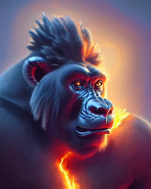 Image similar to gorilla - bodied lion - headed dragon - scaly head burning superhero, glam, power, glowing lights intricate, elegant, highly detailed, digital painting, artstation, concept art, smooth, sharp focus, illustration, art by artgerm and greg rutkowski and fra angelico and unreal engine 5