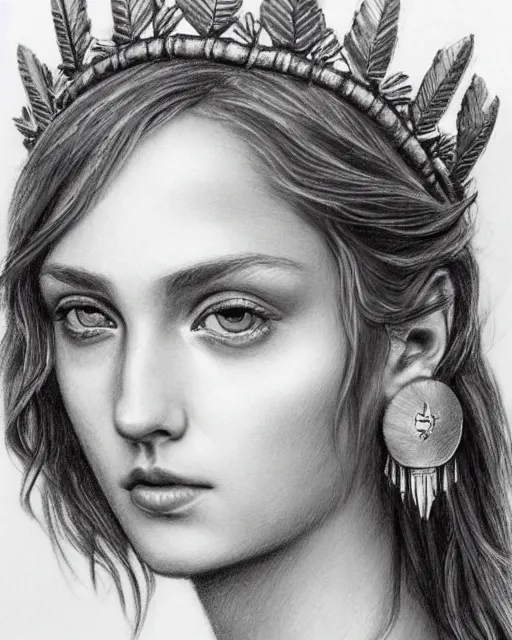 Image similar to pencil drawing of a beautiful greek goddess aphrodite wearing a laurel wreath and arrowhead earrings, beautiful confident and piercing eyes, beautiful flowing hair, hyper realistic face, in the style of greg rutkowski, fantasy, amazing detail, epic, elegant, smooth, sharp focus, from the front