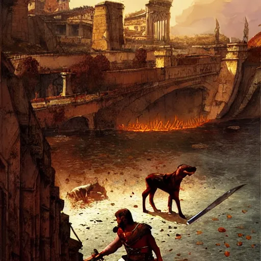 Prompt: Romulus killing Remus with a dagger at the edge of the Tiber River by Marc Simonetti