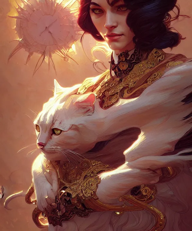 Prompt: A very angry cat, fantasy, intricate, elegant, highly detailed, digital painting, artstation, concept art, smooth, sharp focus, illustration, art by artgerm and greg rutkowski and alphonse mucha