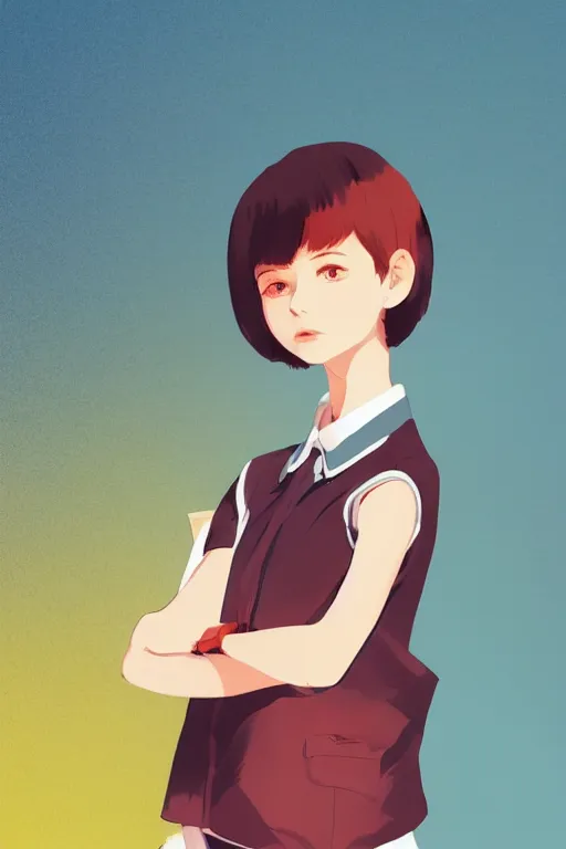 Image similar to a cute girl with shoulder - length white short hair wearing school uniform, cold color background, warm color clothes, sharp focus, pure background color, illustration, morandi color scheme, art station, by ilya kuvshinov