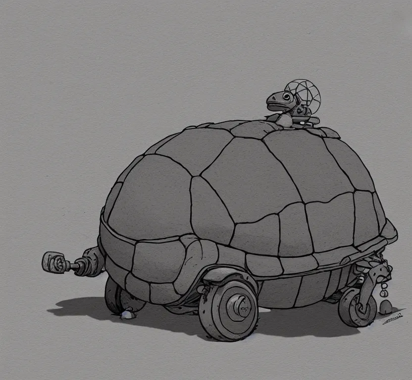 Image similar to a study of cell shaded cartoon of a grey mechanized tortoise from howl's moving castle ( 2 0 0 4 ) on a desert road, full body, wide shot, very muted colors, post grunge, studio ghibli, laurie greasley, highly detailed, deviantart, art by artgem